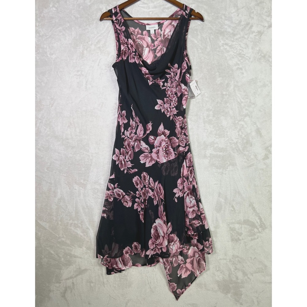 Dressbarn Black Floral Dress L Sequin Whimsigoth Fairy Goth Y2K Handkerchief Hem